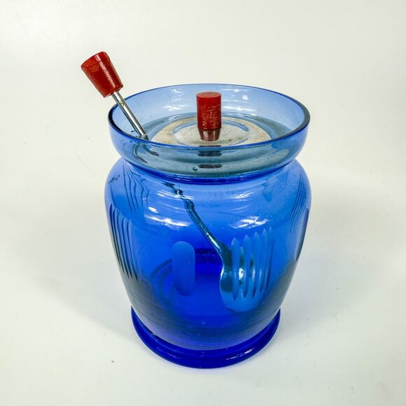 Vintage Cobalt Blue Glass Lidded Etched Condiment Jar and Spoon - Picture 1 of 5